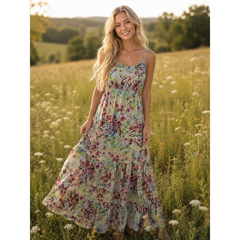 Vintage Old Navy Floral Tiered Maxi Dress S Ruffle Cottagecore Boho Long Babydol